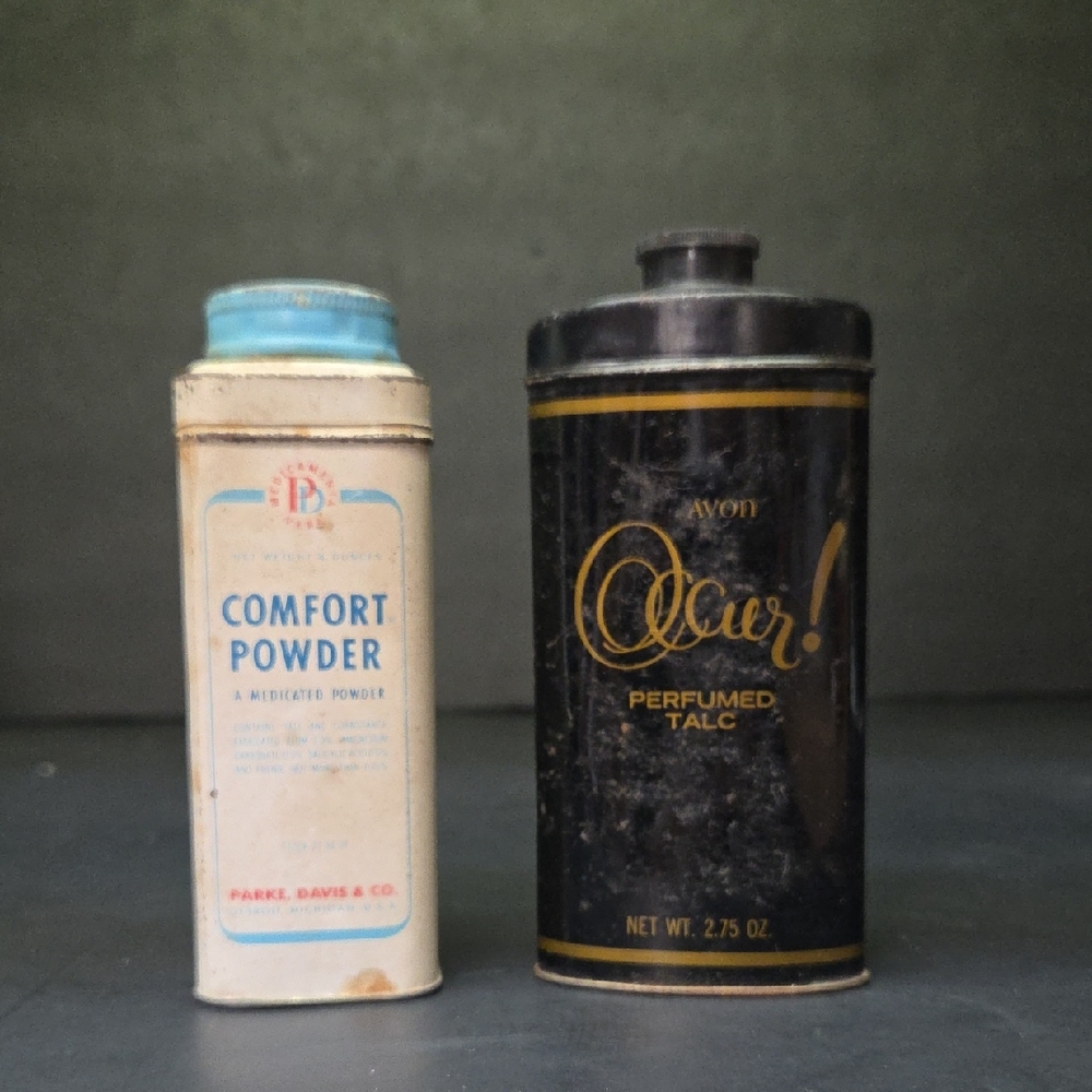 Vintage 1960s Avon Occur Perfumed Talc, Comfort Powder Parke Davis&co Tins